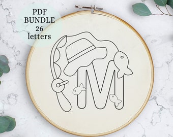Boys alphabet letters,  Hand Embroidery Pattern, Digital PDF Download, Instant Download, Hand Embroidery, Detailed DIY Monogram, fishing Art