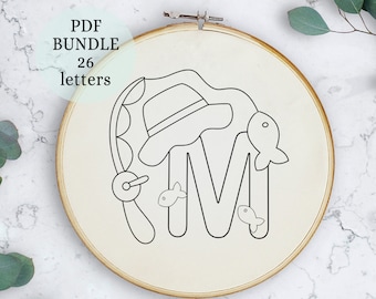 Boys alphabet letters,  Hand Embroidery Pattern, Digital PDF Download, Instant Download, Hand Embroidery, Detailed DIY Monogram, fishing Art