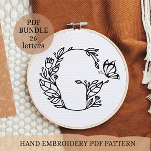 Floral alphabet hand embroidery pattern, personalized gift DIY, initial letters, floral ornaments, Alphabet Embroidery Pattern, 6 inch size image 2