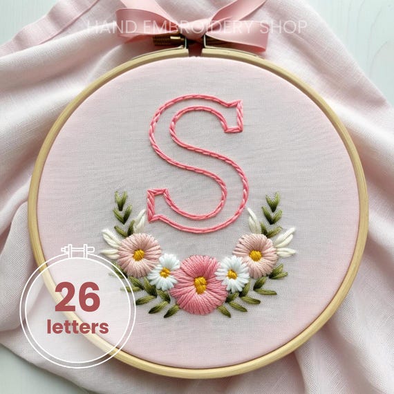 花柄アルファベットの手刺繍パターン：DIY針仕事（PDFダウンロード
