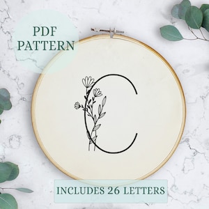 Padrão de bordado de alfabeto, 6 polegadas, download digital instantâneo, desenho de bordado de letras com flores, monograma floral, desenho de flores silvestres