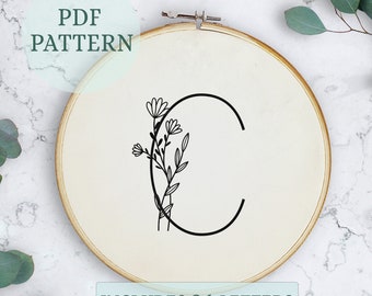Alphabet Embroidery Pattern, 6 inch, Instant Digital Download, Letter Embroidery Design with Flowers, Floral Monogram, wildflowers design