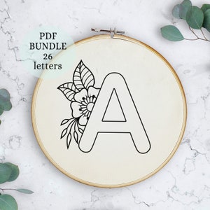 Padrão de bordado de alfabeto, 6 polegadas, download digital instantâneo, desenho de bordado de letras com flores, monograma floral, desenho de flores silvestres