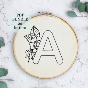 Alphabet Embroidery Pattern, 6 inch, Instant Digital Download, Letter Embroidery Design with Flowers, Floral Monogram, wildflowers design