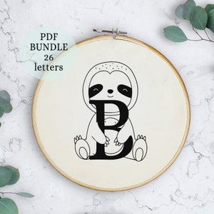 Sloth Alphabet Hand Embroidery PDF Pattern, Instant Digital Download, Letter Embroidery Design with animal, DIY sloth Monogram, idea gift