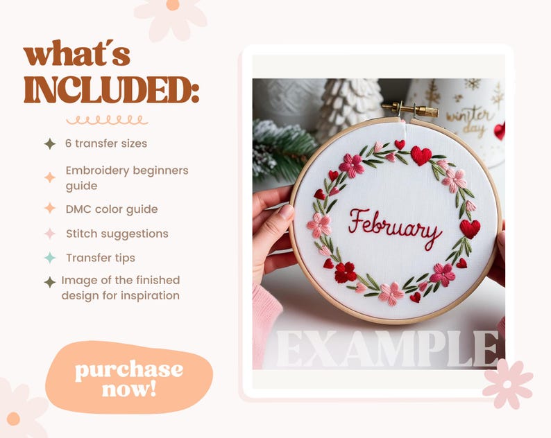 May include: Embroidery hoop with a white fabric background and a floral wreath design with red hearts and the word "February" stitched in red thread.