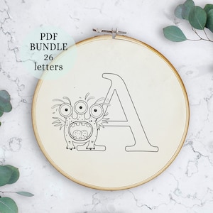 Padrão de bordado à mão do alfabeto de monstro fofo, download de PDF, pacote de bordado à mão, coleção de alfabeto, design de monstro, decoração de quarto de meninos