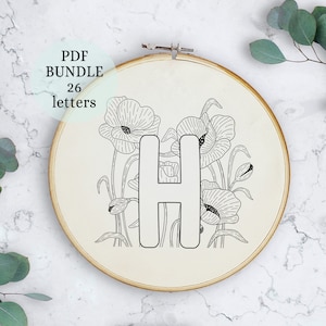 Padrão PDF de bordado de alfabeto, download digital instantâneo, design de bordado de letras com monograma floral, arte costurada à mão, 26 letras