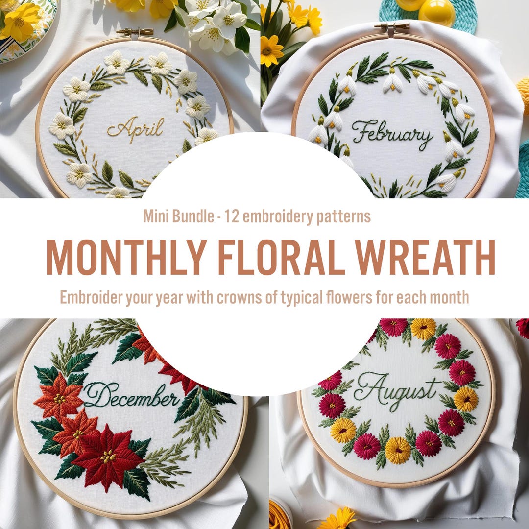 Monthly Floral Wreath Hand Embroidery Pattern Set (PDF Pattern) - Etsy