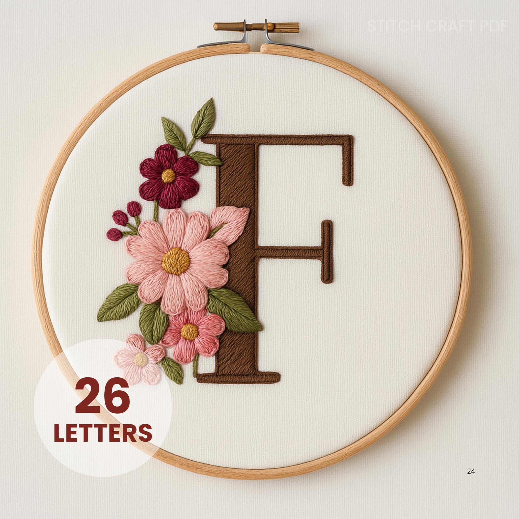 アルファベットの手刺繍パターンバンドル：印刷可能な花輪（PDF