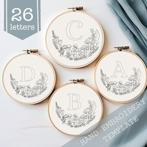 Padrão de bordado em PDF do alfabeto de cogumelos, 6”, download digital instantâneo, design de bordado de letras com flores, monograma floral, alfabeto