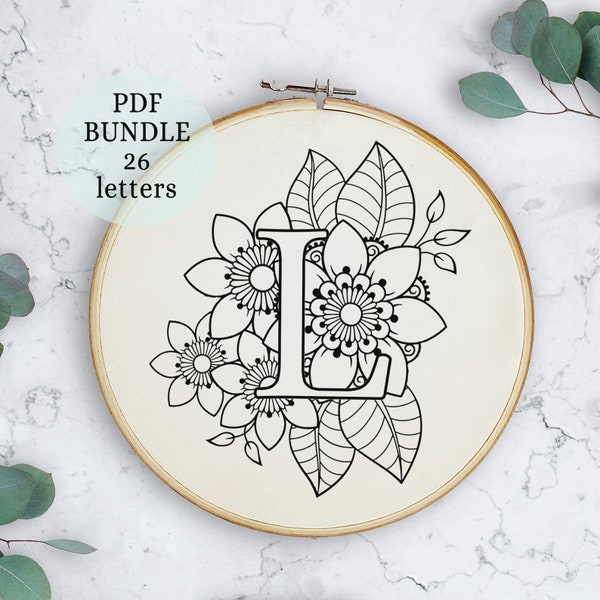 Art Deco Embroidery Patterns, Modern Monograms, Full Alphabet, Hand Embroidery Patterns, Digital Download, Floral Letter embroidery pattern