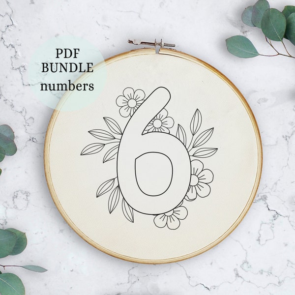 Floral Numbers 0-9 Embroidery Pattern, Floral Embroidery Hoop Art, PDF Pattern, Digital Download, Baby Monthly Milestone, Hand Embroidery