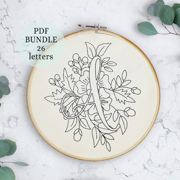 Complete Alphabet 26 Letters Embroidery Pattern, Initial Hand Embroidery Design, Floral Alphabet PDF Pattern, Wedding Monogram Cross Stitch
