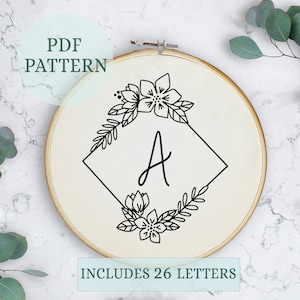 Patrones elegantes de letras de bordado floral, letras de bordado a mano del alfabeto completo, conjunto de 26 letras, iniciales florales modernas de bordado a mano