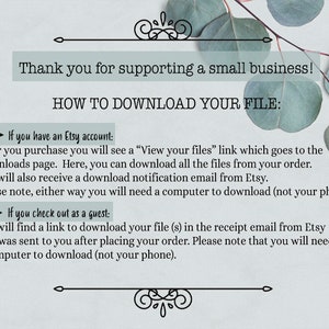 May include: A light blue background with a white text box containing instructions on how to download a digital file after purchasing from Etsy. The text includes the phrases "If you have an Etsy account" and "If you check out as a guest".