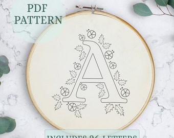 Christmas 26 Letter Embroidery PDF Pattern, Personalized gift, Initial Hand Embroidery Design , Monogram Cross Stitch, DIY Hand Embroidery