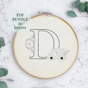 Diseño de bordado de boceto de camión, letras del alfabeto, bordado para niños, patrón de bordado para bebés, descarga instantánea de archivos pdf, bordado para recién nacidos
