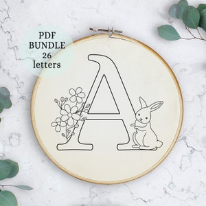 Pode incluir: Um desenho de bordado em preto e branco em um aro de madeira, que representa a letra A, um coelho e um desenho floral. O desenho está sobre um fundo branco.