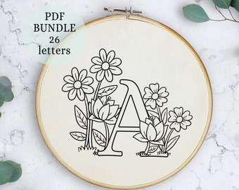 Floral Letter embroidery pattern, instant download, initial monogram, DIY alphabet embroidery,Initial embroidery pattern, DIY Monogram Hoop