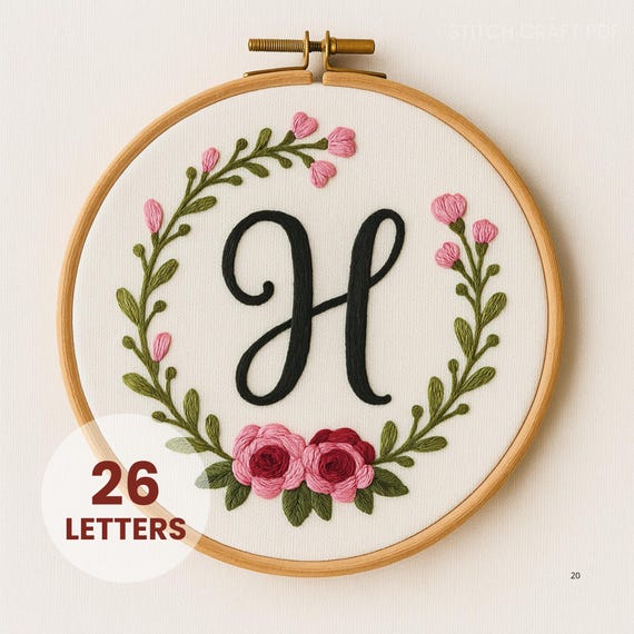 Rose & Vine Monogram Embroidery Pattern: DIY Alphabet Letter Art