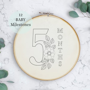 May include: A white embroidery hoop with a black outline, featuring the number "5" with floral embellishments and the text "MONTHS" vertically aligned to the right of the number. The text "12 BABY Milestones" is written above the hoop.