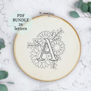 Complete alphabet embroidery, pdf pattern letter embroidery design, sunflowers, floral monogram initial, DIY hoop decor, sunflowers design