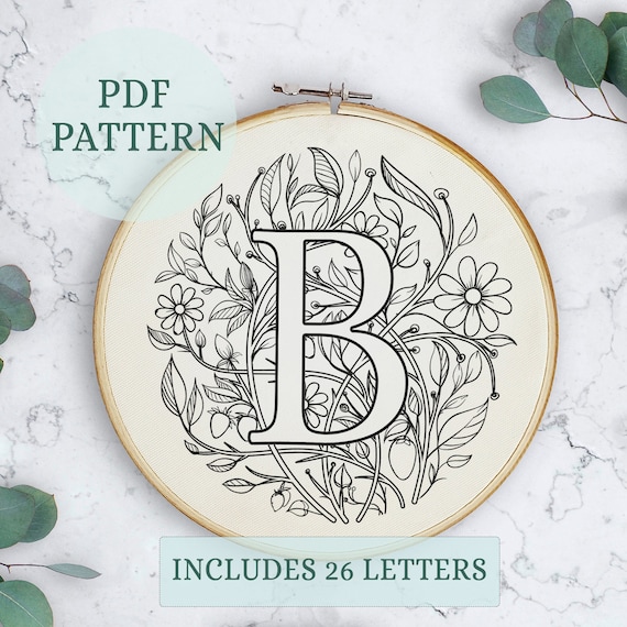 Floral Alphabet Embroidery Pattern, Hand Stitched Monogram (PDF Pattern)