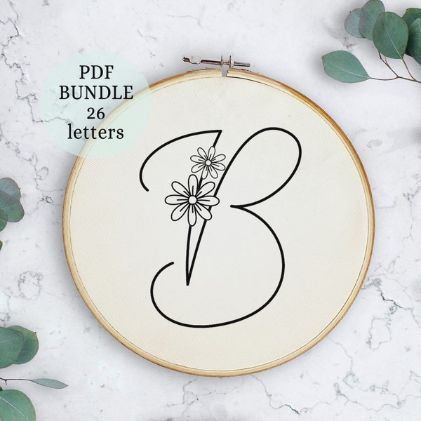 Floral Alphabet Embroidery PDF Pattern, 6”, Instant Digital Download, Letter Embroidery Design with daisies, Floral Monogram, alphabet