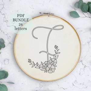 Complete Alphabet , Floral Alphabet Embroidery PDF Pattern, Instant Digital Download, Letter Embroidery Design with Flowers, Floral Monogram