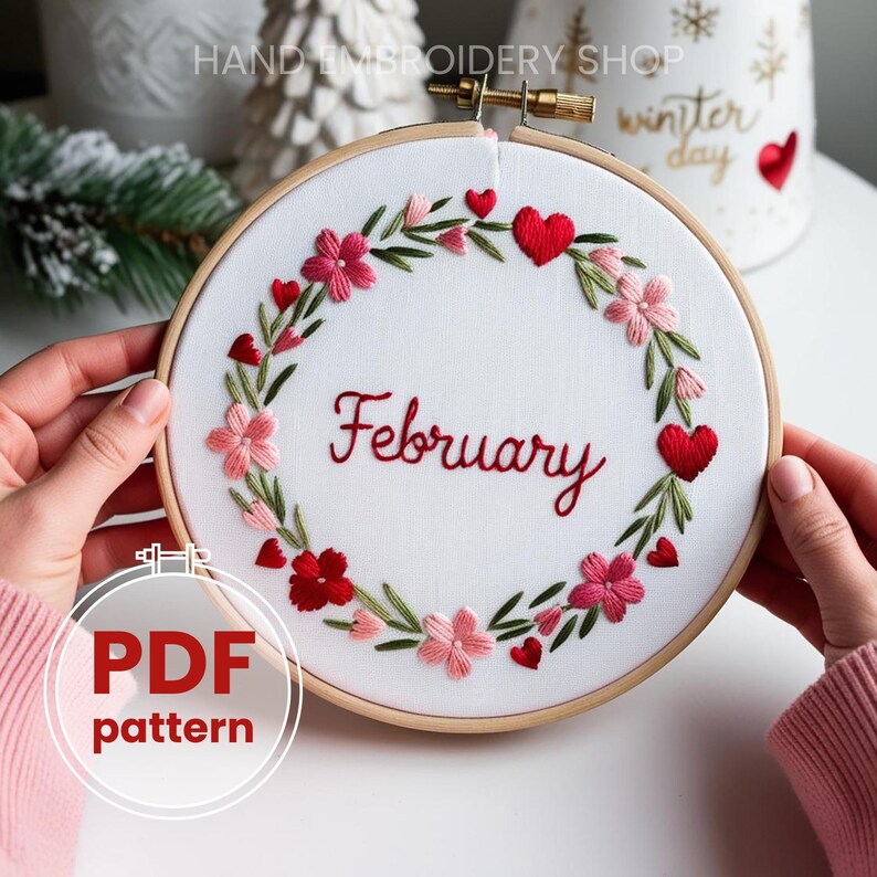 February Floral Wreath Embroidery Pattern: Love Hearts, Spring Design ...