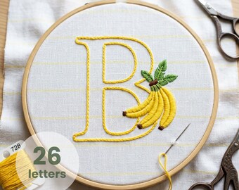 Banana Alphabet Embroidery Pattern PDF 26 Letters Monogram Digital Download Six Inch Tropical Summer Craft Hoop Art Grandma Gift Initial