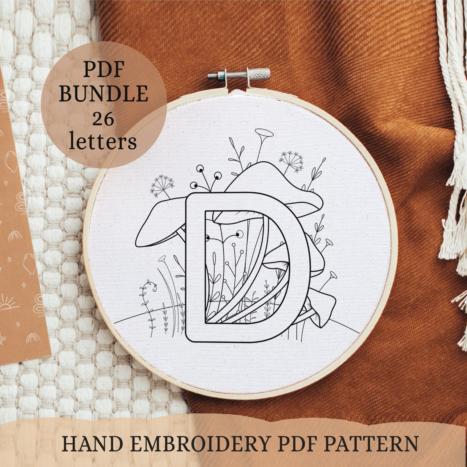 Mushroom Alphabet Embroidery Pattern: Letter Monogram (PDF