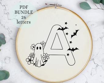 Halloween Alphabet Embroidery Pattern, Instant Digital Download, Letter Embroidery, ghost, bat design, letter Monogram , hand stitched art