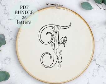 Full Alphabet Embroidery Patterns, Hand Embroidery Patterns, flowers Design, Monogram Hand Embroidery, Alphabet Bundle, wildflowers design