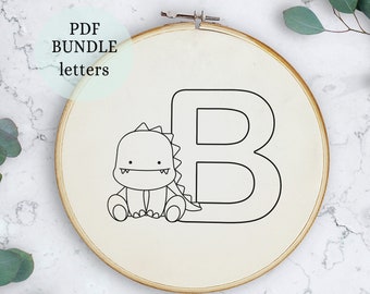 Animal Monogram, Hand Embroidery pattern PDF, embroidery font, 26 monograms, alphabet with Dino, needlework pattern pdf, initial and letter