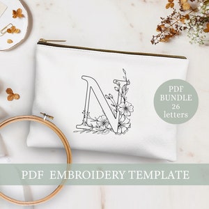 Anfangsbuchstaben Stickmuster, Zip Bag Embroidery, moderne Stickerei, florale Handstickerei,DIY Embroidery Beutel, DIY Stickbeutel