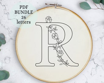 Roses Alphabet Embroidery PDF Pattern, 6 inch, Instant Digital Download, Letter Embroidery Design with Roses, Floral Monogram, alphabet hoop