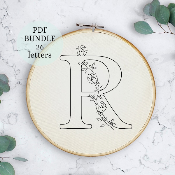 Roses Alphabet Embroidery PDF Pattern, 6 inch, Instant Digital Download, Letter Embroidery Design with Roses, Floral Monogram, alphabet hoop
