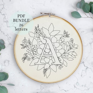 Complete alphabet embroidery, pdf pattern letter embroidery design with flowers, floral monogram initial instant digital download hoop decor