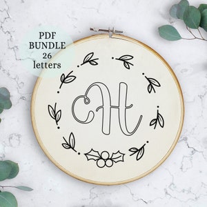 Floral Alphabet Initial Embroidery PDF Pattern, Instant Digital Download, Christmas Monogram Embroidery for Beginner, Hand Embroidery Letter
