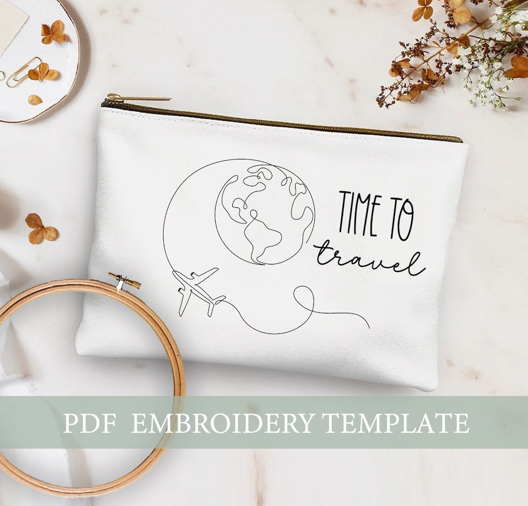 Time to Travel Embroidery Pattern, Zip Bag Embroidery, Modern Embroidery, Travel Hand Embroidery