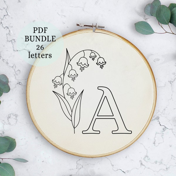 Lily Of The Valley Embroidery, Hand Embroidery Pattern, Alphabet Monogram Pattern, Embroidery Design, Alphabet Embroidery, Floral Embroidery