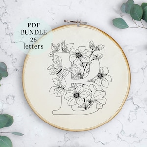 Padrão de bordado de alfabeto floral em PDF, 6”, download digital instantâneo, design de bordado de letras com flores, monograma floral, alfabeto