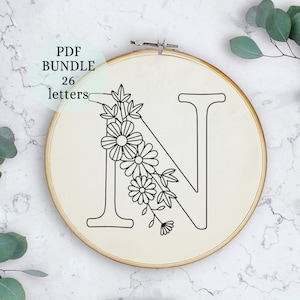 Padrão de bordado de alfabeto floral em PDF, letras do alfabeto de primavera, download digital, bordado de letras com flores, monograma floral, alfabeto