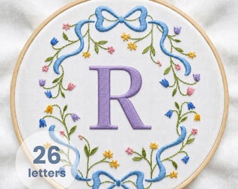 Monogram Embroidery Pattern Ribbon Bow Wreath Design Digital Download PDF Full Alphabet Wildflowers Nursery Wall Art Beginner Friendly Gifts