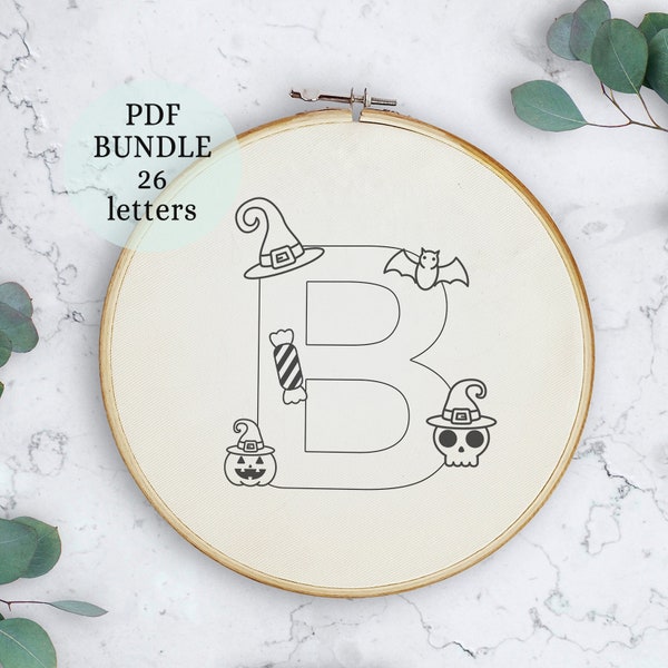 Halloween ornaments, Alphabet pattern,Hand Embroidery Pattern, candies, witch hat, Ghost Embroidery, Halloween Monogram DIY, halloween decor