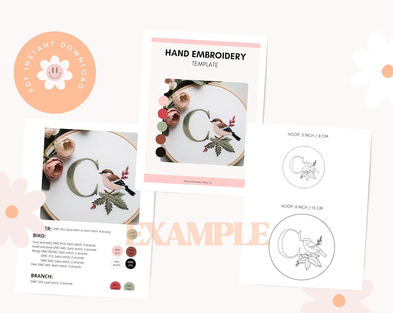 May include: Hand embroidery template featuring a bird perched on a branch with a letter C in the background. The template includes instructions for stitching the design using DMC floss in various colours. The template is available in two sizes: 5 inches and 6 inches.