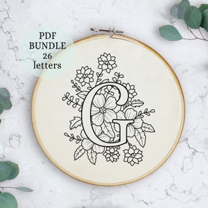 Padrão de bordado de alfabeto floral em PDF, 6”, download digital instantâneo, design de bordado de letras com flores, monograma floral, alfabeto