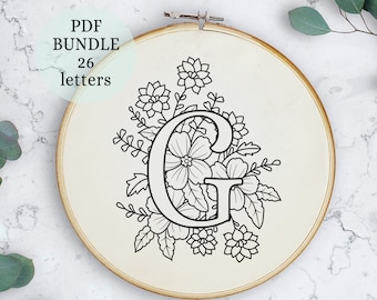 Floral Alphabet Embroidery PDF Pattern, 6”, Instant Digital Download, Letter Embroidery Design with Flowers, Floral Monogram, alphabet